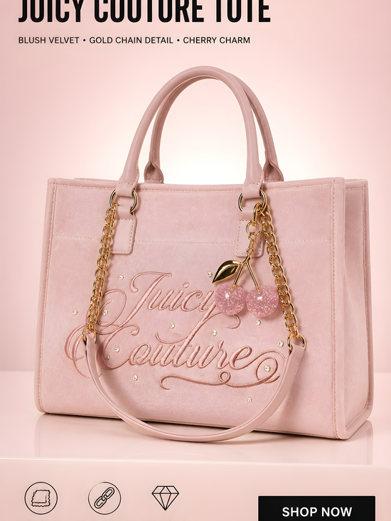 Juicy Couture Handbags - Juicy Couture Pale Pink Velvet Tote with Gold Chain & Cherry Charm